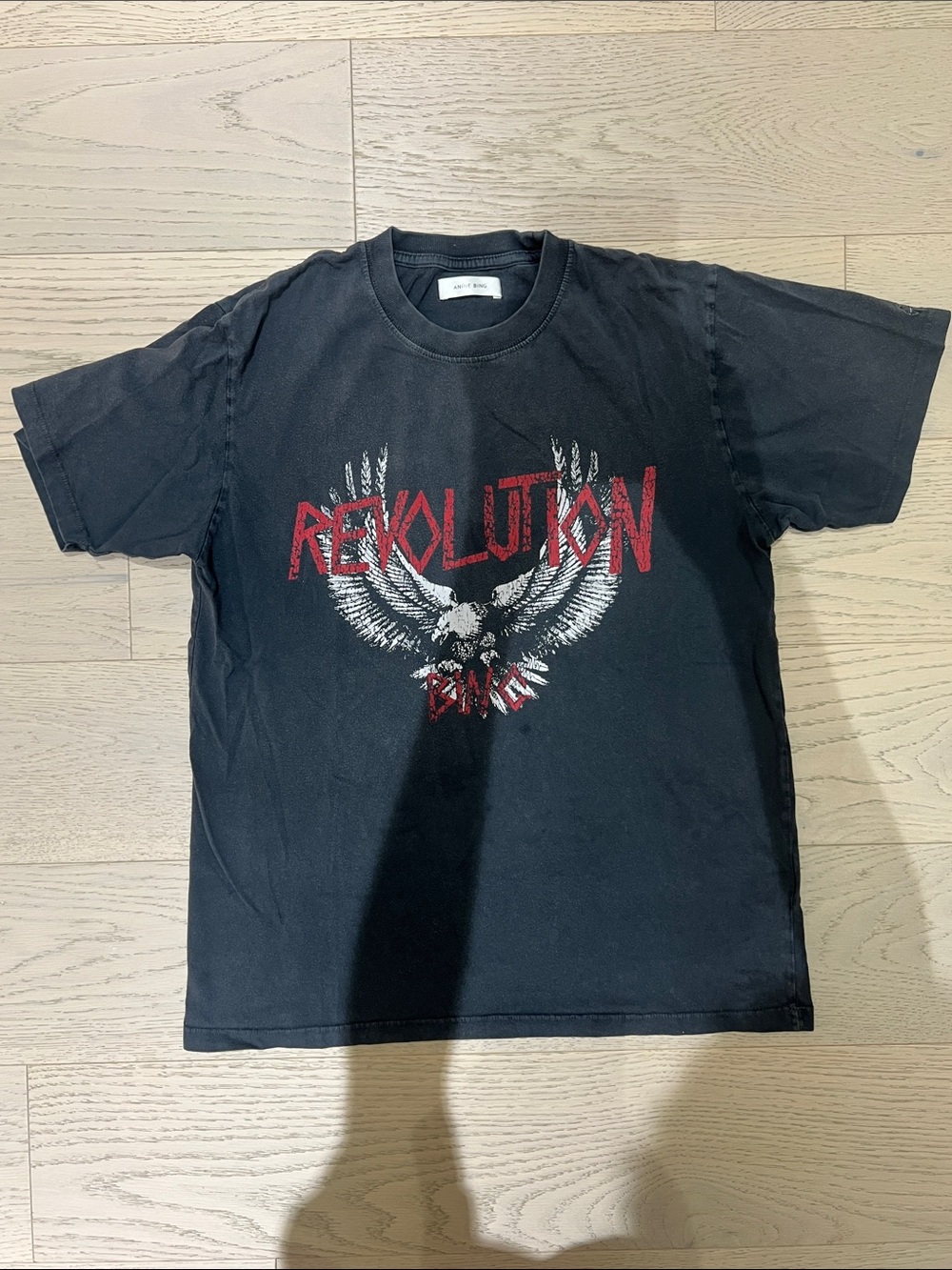 Anine Bing Black Tee with Red 'REVOLUTION' and White Eagle